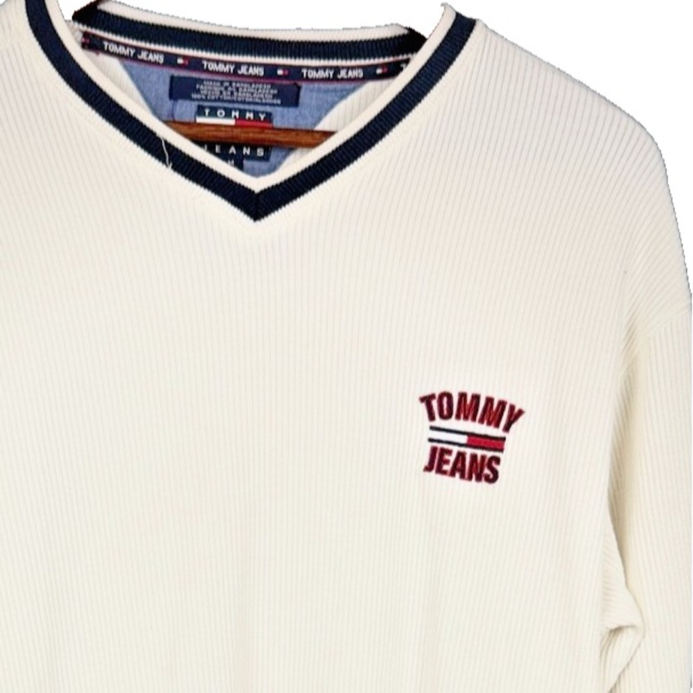 Vintage 90s Tommy Jeans Hilfiger Shirt Mens M White Ribbed V-Neck Spellout Logo